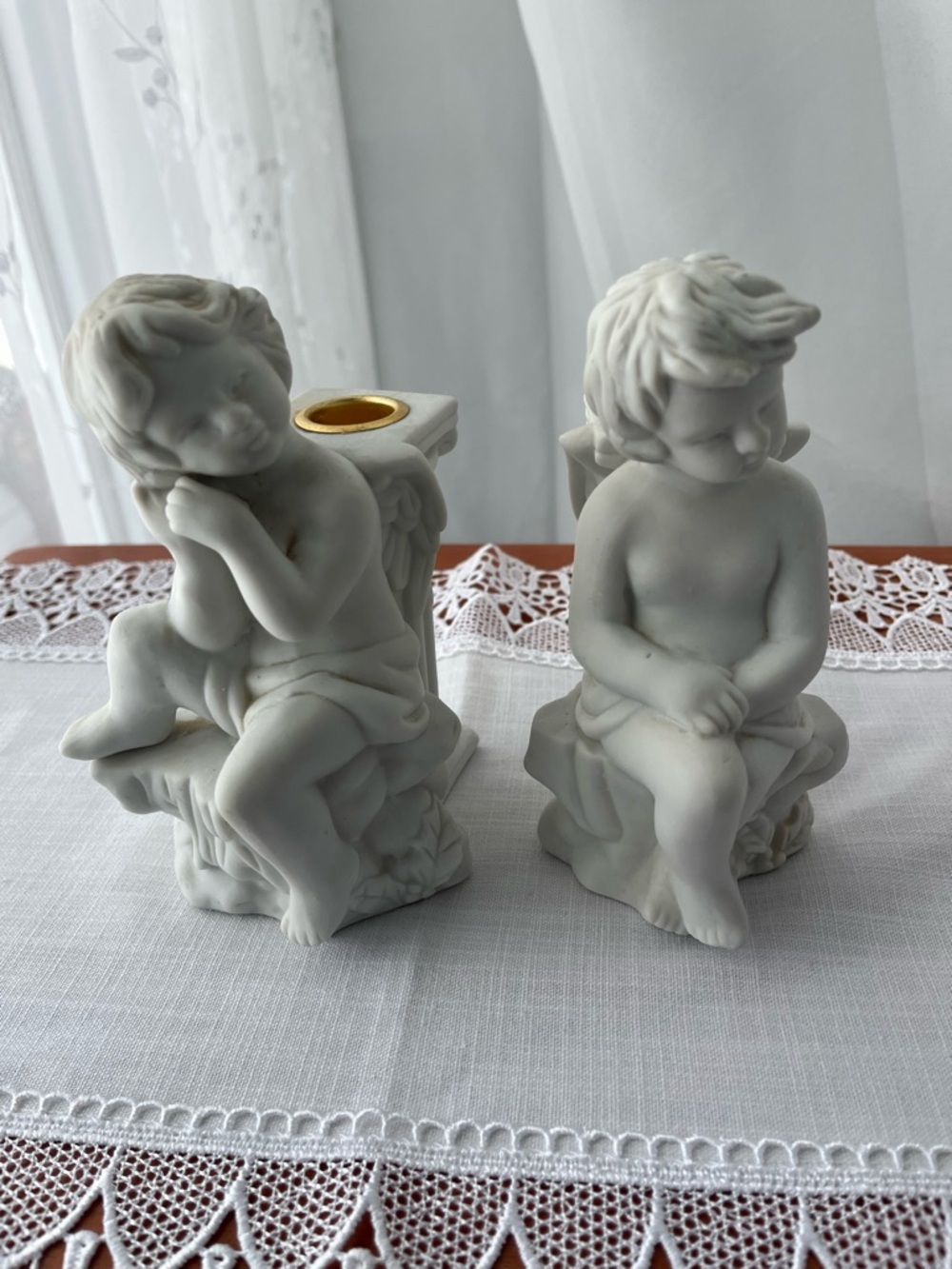 Vintage White Bisque Porcelain Cherub on Greek Column Candle Holder – Set of 2